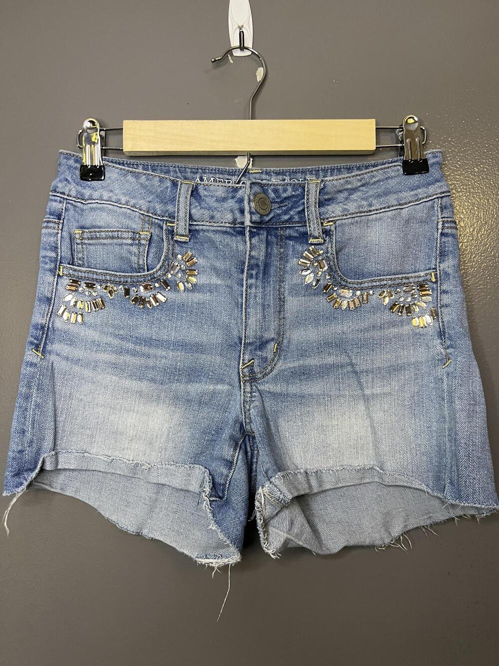 American Eagle Outfitters Rhinestone Shorts Womens 6 Blue Denim Cutoff Stretch